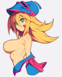 Rule 34 | 1girl, blonde hair, breasts, closed mouth, dark magician girl, duel monster, from side, green eyes, grey background, hair between eyes, helmet, large breasts, long hair, metata, open clothes, serious, simple background, solo, undressing, upper body, yu-gi-oh!, yu-gi-oh! duel monsters
