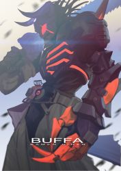 Rule 34 | absurdres, bodysuit, buffalo, chainsaw, claw (weapon), claws, highres, holding, holding weapon, horns, jiuri jiuhao, kamen rider, kamen rider buffa, kamen rider geats (series), male focus, raise buckle, red eyes, shoulder spikes, silhouette, spikes, weapon, zombie