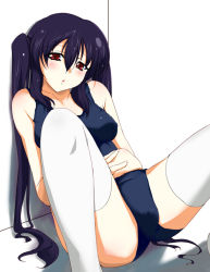 Rule 34 | black hair, blush, brown eyes, interlocked fingers, k-on!, long hair, nakano azusa, aged up, one-piece swimsuit, own hands clasped, own hands together, school swimsuit, solo, spread legs, swimsuit, thighhighs, tsukishiro kou, twintails