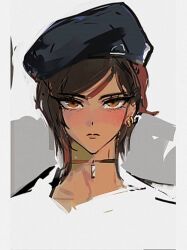 Rule 34 | 1girl, beret, black choker, black hat, brown eyes, brown hair, choker, closed mouth, hat, highres, huyj cl, limbus company, looking at viewer, outis (project moon), project moon, short hair, simple background, solo, white background