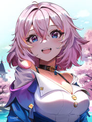 Rule 34 | 1girl, absurdres, artezahn, artist name, bare shoulders, black choker, blue eyes, blue jacket, blush, breasts, building, buttons, cherry blossoms, choker, cleavage, collarbone, commentary, dated, english commentary, hair between eyes, highres, honkai: star rail, honkai (series), instagram logo, jacket, looking at viewer, march 7th (honkai: star rail), medium breasts, medium hair, open mouth, pink eyes, pink hair, portrait, shirt, skirt, smile, solo, teeth, two-tone eyes, upper teeth only, water, white shirt