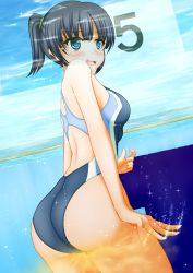 Rule 34 | 1girl, artist request, ass, black hair, blush, from behind, highres, partially submerged, peeing, peeing underwater, pool, solo, swimsuit, tagme, thighs, underwater, water