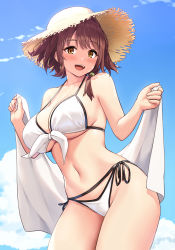 Rule 34 | 1girl, :d, absurdres, bare arms, bare shoulders, bikini, blue sky, breasts, brown eyes, brown hair, brown hat, cleavage, contrapposto, cowboy shot, day, duplicate, front-tie bikini top, front-tie top, hair over shoulder, halterneck, hands up, hat, highres, large breasts, looking at viewer, navel, open mouth, original, outdoors, pixel-perfect duplicate, sawada yuusuke, short hair, side-tie bikini bottom, sky, smile, solo, standing, stomach, straw hat, string bikini, swimsuit, thighs, white bikini