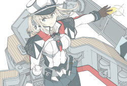 Rule 34 | 1girl, black pantyhose, blonde hair, breasts, capelet, card, celtic knot, graf zeppelin (kancolle), grey eyes, hair between eyes, hat, kantai collection, large breasts, long hair, machinery, military, military hat, military uniform, miniskirt, necktie, ninimo nimo, pantyhose, peaked cap, sidelocks, skirt, solo, tsurime, twintails, uniform