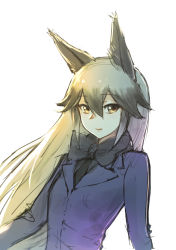 Rule 34 | 10s, 1girl, absurdres, animal ears, black bow, black hair, black neckwear, bow, bowtie, breasts, closed mouth, emoshon, eyebrows, facing away, fox ears, gradient hair, hair between eyes, highres, jacket, kemono friends, long hair, long sleeves, looking at viewer, multicolored hair, necktie, purple jacket, silver fox (kemono friends), silver hair, simple background, small breasts, smile, solo, straight hair, two-tone hair, upper body, white background