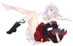 Rule 34 | 1girl, :o, ahoge, ankle boots, azuuru, azuuru (azure0608), bare shoulders, black footwear, black jacket, blush, boots, bow, braid, bridal garter, collared dress, cover, cover image, cover page, cross-laced footwear, dress, elaina (majo no tabitabi), female focus, floating, french braid, from side, full body, hair between eyes, hair bow, high-waist skirt, jacket, knees up, lace-up boots, leg up, legs, light purple hair, long hair, looking at viewer, looking to the side, miniskirt, novel cover, novel illustration, off shoulder, official art, parted lips, pink bow, plantar flexion, purple eyes, red skirt, riviere to inori no kuni, shoes, short sleeves, silver hair, simple background, single boot, single shoe, skirt, sleeveless, sleeveless dress, socks, solo, textless version, upskirt, white background, white dress, white socks, wide sleeves