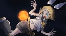 Rule 34 | 1girl, belt, black leg warmers, black sailor collar, black shorts, blonde hair, blue eyes, bow, commentary request, cropped shirt, earth (planet), floating, foot out of frame, giant, giantess, hair bow, hair ornament, hairclip, highres, jupiter (planet), kagamine rin, leg warmers, mars (planet), mercury (planet), midriff, nata shelf, neckerchief, neptune (planet), no detached sleeves, no sclera, open mouth, planet, sailor collar, saturn (planet), shirt, shoes, short shorts, shorts, sleeveless, sleeveless shirt, solar system, solo, space, sun, sweatdrop, swept bangs, uranus (planet), venus (planet), vocaloid, w arms, white bow, white shirt, x navel, yellow belt, yellow neckerchief