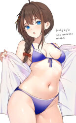 Rule 34 | 1girl, ahoge, alternate costume, bikini, blue bikini, blue eyes, braid, breasts, brown hair, cowboy shot, dated, front-tie bikini top, front-tie top, hair between eyes, hair ornament, hanako (peanut), hashtag-only commentary, highres, kantai collection, looking at viewer, medium breasts, navel, open clothes, open mouth, open shirt, shigure (kancolle), shirt, simple background, single braid, solo, stomach, swimsuit, upper body, white background, white shirt