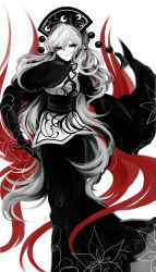 Rule 34 | 1girl, absurdres, aura, bad id, bad pixiv id, black dress, braid, breasts, commentary request, dress, floral print, french braid, greyscale, hair between eyes, headdress, highres, junko (touhou), large breasts, limited palette, long hair, long sleeves, looking at viewer, monochrome, red eyes, sash, sheya, simple background, sleeves past wrists, smile, solo, spot color, standing, tabard, tassel, touhou, very long hair, white background, wide sleeves