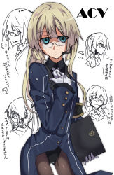 Rule 34 | 1girl, akatoro (nightlord), armored core, armored core 5, blonde hair, blue eyes, buttons, carol dorry, coat, cowboy shot, expressionless, eyebrows, glasses, gloves, hand on own chest, headset, highres, leotard, lineart, long hair, looking at viewer, microphone, necktie, no pants, open mouth, pantyhose, parted lips, rimless eyewear, simple background, solo, translation request, white background, white gloves, white necktie