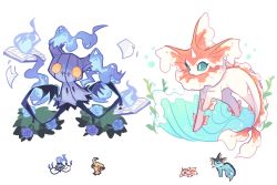Rule 34 | ^ ^, blue fire, blue flower, blue rose, book, bush, chandelure, charamells, closed eyes, creature, creatures (company), closed eyes, fire, fish, fire, floating, flower, full body, fusion, game freak, gen 1 pokemon, gen 5 pokemon, gen 7 pokemon, goldeen, green eyes, horns, looking at viewer, mimikyu, multiple fusions, nintendo, no humans, open book, pokemon, pokemon (creature), rose, seashell, shell, simple background, single horn, standing, underwater, vaporeon, white background, yellow eyes