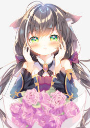Rule 34 | 1girl, absurdres, ahoge, animal ear fluff, animal ears, bare shoulders, black hair, black ribbon, blush, bouquet, bow, cat ears, cat girl, commentary request, detached sleeves, flower, gem, green eyes, hair bow, hands on own cheeks, hands on own face, highres, karyl (princess connect!), long sleeves, looking at viewer, moeno uni, multicolored hair, neck ribbon, princess connect!, purple bow, ribbon, shirt, sidelocks, sleeveless, sleeveless shirt, streaked hair, twintails, white background, white hair, white shirt, wide sleeves