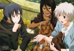 Rule 34 | 2boys, albino, basin, bath, black hair, brown eyes, dark skin, dark-skinned male, dog, facial mark, frown, grey eyes, hand on another&#039;s chin, hand on own chin, highres, inukashi, ishino satoshi, jacket, long hair, multiple boys, nezumi (no.6), no.6, official art, open mouth, red eyes, scarf, shion (no.6), short hair, short ponytail, sleeves rolled up, washing, water, wet, white hair