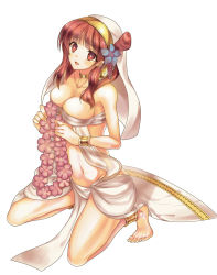 Rule 34 | 1girl, anklet, barefoot, bottomless, bracelet, breasts, choker, cleavage, dancer, flower, flower necklace, groin, hair flower, hair ornament, harem outfit, highres, jewelry, kneeling, large breasts, lots of jewelry, magi the labyrinth of magic, midriff, morgiana, navel, necklace, red eyes, red hair, solo, thighs, veil