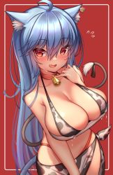 Rule 34 | 1girl, ahoge, animal ears, animal print, bell, bikini, blue hair, breasts, cat ears, cat tail, collar, commentary, cow print, cow tail, english commentary, fang, hair between eyes, highres, itsumi (kaptivate), kaptivate, lactation, lactation through clothes, large breasts, long hair, looking at viewer, multiple tails, neck bell, open mouth, original, print bikini, red background, red collar, red eyes, smile, swimsuit, tail, white bikini
