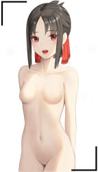 Rule 34 | 1girl, :d, absurdres, arms behind back, bad id, bad pixiv id, black hair, blush, breasts, brown hair, collarbone, commentary request, completely nude, cowboy shot, doenji (auto7233), groin, hair ribbon, highres, kaguya-sama wa kokurasetai ~tensai-tachi no renai zunousen~, looking at viewer, navel, no nipples, no pussy, nude, open mouth, parted bangs, red eyes, red ribbon, ribbon, shinomiya kaguya, short hair, sidelocks, simple background, small breasts, smile, solo, standing, teeth, upper teeth only, white background
