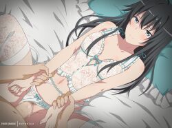 Rule 34 | 1boy, 1girl, bed, black hair, blue eyes, blush, breasts, censored, clothed sex, clothing aside, commission, cum, cum in pussy, eufoniuz, female pubic hair, garter belt, garter straps, highres, large penis, long hair, looking at viewer, missionary, panties, panties aside, penis, pixiv commission, pubic hair, sex, small breasts, underwear, underwear only, white garter belt, white garter straps, yahari ore no seishun lovecome wa machigatteiru., yukinoshita yukino