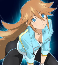 Rule 34 | 1girl, ass, blue eyes, breasts, brown hair, closed mouth, collarbone, freckles, haruyama kazunori, jacket, long hair, looking at viewer, medium breasts, monsuno, open mouth, pants, smile, solo, sweatpants, very long hair, vicky (monsuno)