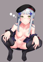 Rule 34 | 1girl, beret, black thighhighs, blunt bangs, blush, bottomless, breasts, closed mouth, collarbone, facial mark, furisuku, girls&#039; frontline, green eyes, grey background, groin, hair ornament, hat, highres, hk416 (girls&#039; frontline), jacket, long hair, looking at viewer, medium breasts, nipples, off shoulder, open clothes, open jacket, sidelocks, silver hair, simple background, solo, squatting, teardrop, thighhighs, thighs, very long hair