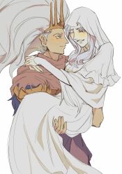 Rule 34 | 2boys, ;d, absurdres, aged up, blush, brothers, brown scarf, carrying, carrying person, crown, dark souls (series), dark souls i, dark souls iii, dark sun gwyndolin, dress, from side, grey dress, grey eyes, grey hair, highres, long hair, long sleeves, looking at viewer, male focus, male with breasts, multiple boys, nameless king, one eye closed, open mouth, princess carry, profile, scarf, siblings, simple background, smile, teeth, torn clothes, torn scarf, trap, veil, white background, zunkome