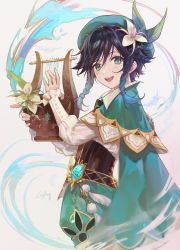 Rule 34 | 1boy, aqua hair, black hair, blue eyes, blush, braid, cape, csyday, flower, genshin impact, green cape, green hat, grey background, hair between eyes, hat, holding, holding instrument, instrument, long sleeves, looking at viewer, lyre, male focus, open mouth, side braids, signature, simple background, solo, venti (genshin impact), vision (genshin impact), white flower