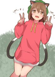 Rule 34 | 1girl, alternate costume, animal ear fluff, animal ears, arms up, blush, bright pupils, brown eyes, brown hair, cat ears, cat tail, chen, double v, dutch angle, fang, feet out of frame, green hat, hair between eyes, hat, hedge, highres, hood, hood down, hoodie, knees together feet apart, legs together, looking at viewer, miniskirt, mizune (winter), mob cap, multiple tails, open mouth, short hair, skin fang, skirt, sleeves past wrists, solo, tail, touhou, v, white background, white pupils, white skirt