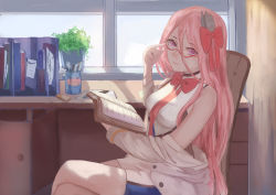 Rule 34 | 1girl, azur lane, bare shoulders, blush, book, bow, breasts, chair, coat, crossed legs, desk, dress, finger to eyewear, glasses, hair between eyes, hair bow, hair ornament, hair ribbon, holding, holding book, large breasts, lexington (azur lane), long hair, long sleeves, looking at viewer, mllay-wulai, off shoulder, open book, pink hair, plant, potted plant, purple eyes, red-framed eyewear, ribbon, semi-rimless eyewear, sitting, sleeveless, sleeveless dress, sleeves rolled up, smile, solo, thighhighs, white coat, window