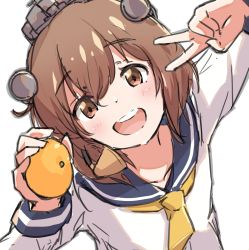 Rule 34 | 1girl, aruka, blue sailor collar, brown eyes, brown hair, dress, food, from above, fruit, headset, holding, holding food, holding fruit, kantai collection, looking at viewer, neckerchief, open mouth, orange (fruit), round teeth, sailor collar, sailor dress, school uniform, short hair, solo, speaking tube headset, teeth, upper body, upper teeth only, yellow neckerchief, yukikaze (kancolle)