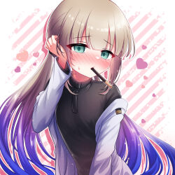Rule 34 | 1boy, black undershirt, blunt bangs, blush, captain nemo (fate), choppy bangs, embarrassed, fate/grand order, fate (series), food, tucking hair, heart, jacket, light brown hair, long hair, long sleeves, low twintails, male focus, mouth hold, nemo (fate), pocky, pocky kiss, shared food, shell ocean, solo, trap, twintails, white jacket