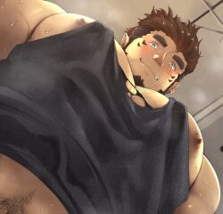 Rule 34 | 1boy, absurdres, bara, black tank top, brown hair, facial hair, facial mark, foreshortening, from below, goatee, gradient hair, highres, large pectorals, leoandaslan (leobongnana), looking at viewer, looking down, male focus, meme, midriff peek, multicolored hair, muscular, muscular male, navel hair peek, nipple slip, nipples, original, pectoral cleavage, pectorals, photo-referenced, pointy ears, seductive smile, short hair, sidepec, smile, solo, sparse chest hair, steaming body, sweat, tank top, tearing clothes, thick eyebrows, torn clothes, tusks, upper body, very sweaty, yur oc like this (meme)