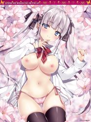 Rule 34 | 1girl, absurdres, anapom, artist name, black ribbon, black thighhighs, blue eyes, blunt bangs, blurry, blush, bow, bowtie, breasts, breasts apart, cameltoe, cherry blossoms, collared shirt, cowboy shot, depth of field, eyelashes, floating hair, flower, gluteal fold, groin, hair ornament, hair ribbon, hand on own chin, hands up, head tilt, highres, large breasts, long hair, long sleeves, looking at viewer, lowleg, lowleg panties, navel, nipples, no bra, open clothes, open shirt, original, otona no moeoh, outdoors, panties, petals, pink panties, red bow, red bowtie, red ribbon, ribbon, school uniform, shirt, sidelocks, silver hair, skindentation, smile, solo, standing, stomach, string panties, thigh gap, thighhighs, twintails, underwear, white shirt