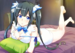 Rule 34 | 10s, 1girl, arm ribbon, barefoot, bed, black hair, blue eyes, bow, breasts, cleavage, cleavage cutout, clothing cutout, couch, dress, dungeon ni deai wo motomeru no wa machigatteiru darou ka, female focus, full body, gloves, hair ornament, hair ribbon, hestia (danmachi), large breasts, legs up, long hair, looking at viewer, lying, on bed, on stomach, pillow, rei no himo, ribbon, short dress, simple background, sleeveless, sleeveless dress, solo, the pose, twintails, uenotei, white dress, white gloves