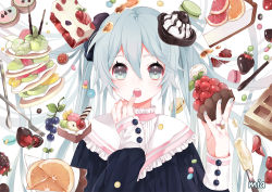 Rule 34 | 1girl, aqua eyes, aqua hair, aqua nails, artist name, cake, candy, chocolate, food, fruit, hatsune miku, long hair, looking at viewer, m&amp;m&#039;s, mia0309, nail polish, open mouth, solo, strawberry, twintails, upper body, vocaloid, white background