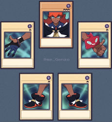 Rule 34 | 1boy, artist name, beanie, black footwear, blue background, blue eyes, blue gloves, blue shirt, card (medium), card parody, cellphone, closed mouth, collared shirt, creatures (company), dark-skinned male, dark skin, drawstring, earrings, exodia the forbidden one, game freak, gen 4 pokemon, genzou (me genzo), gloves, happy, hat, jewelry, jpeg artifacts, legs apart, looking at viewer, male focus, nintendo, orange headwear, outstretched arms, partially fingerless gloves, phone, poke ball, pokemon, pokemon (creature), pokemon swsh, raihan (pokemon), rotom, rotom phone, shirt, shoes, simple background, single glove, smartphone, smile, solo focus, spread arms, standing, straight-on, sweatband, thumbs up, twitter username, ultra ball, watermark, yu-gi-oh!, yu-gi-oh (card)