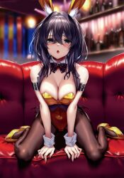 Rule 34 | 1girl, absurdres, animal ear fluff, animal ears, aqua eyes, bare shoulders, black hair, blurry, blurry background, blush, breasts, chigami hikage, cleavage, couch, covered navel, detached collar, fake animal ears, fingernails, full body, hanikami kanojo, high heels, highres, indoors, leotard, medium breasts, open mouth, pantyhose, piromizu, playboy bunny, scan, simple background, sitting, solo, wariza, wrist cuffs, yellow leotard