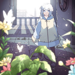 Rule 34 | 1girl, black pantyhose, blue eyes, blurry, blurry foreground, boots, flower, hood, hood down, hooded jacket, jacket, long sleeves, looking at viewer, medium hair, nekokurage (musical box), original, pantyhose, ruins, solo, white hair