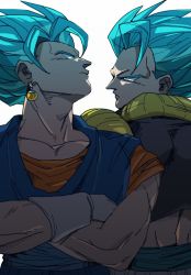 Rule 34 | 2boys, blue eyes, blue hair, crossed arms, dragon ball, dragon ball super, dragon ball super broly, dragonball z, earrings, expressionless, facing away, frown, gloves, gogeta, jewelry, looking back, male focus, multiple boys, potara earrings, profile, serious, shadow, short hair, simple background, spiked hair, super saiyan, super saiyan blue, tako jirou, vegetto, white background, white gloves