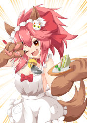 Rule 34 | 1girl, animal ear fluff, animal ears, animal hands, apron, bell, blush, breasts, cat hair ornament, cat paws, cleavage, collar, commentary, commentary request, fangs, fate/grand order, fate (series), food, fox ears, fox girl, fox tail, gloves, hair ornament, hair ribbon, jingle bell, large breasts, long hair, looking at viewer, maid headdress, naked apron, neck bell, one eye closed, open mouth, paw gloves, pink hair, ponytail, red ribbon, ribbon, rururiaru, solo, tail, tamamo (fate), tamamo cat (fate), tamamo cat (third ascension) (fate), yellow eyes