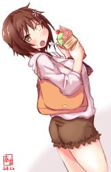 Rule 34 | 1girl, alternate costume, artist logo, ass, bag, brown hair, brown shorts, casual, commentary request, dated, dutch angle, food, from behind, furutaka (kancolle), glowing, glowing eye, heterochromia, highres, hood, hooded sweater, ice cream, kanon (kurogane knights), kantai collection, looking at viewer, looking back, open mouth, pink sweater, school uniform, serafuku, short hair, shorts, simple background, solo, spoon, sweater, white background, yellow eyes