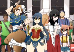 4girls a_complicated_first_love absurdres black_hair blue_hair breasts brown_eyes brown_hair chun-li_(cosplay) cosplay ellie_(a_complicated_first_love) green_eyes highres karin_hanamura loki159_artwork misty_(pokemon)_(cosplay) multiple_boys multiple_girls poke_ball thick_thighs thighs wonder_woman_(cosplay) yellow_eyes