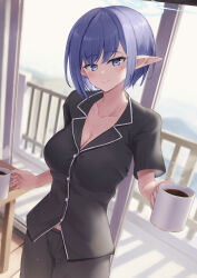 Rule 34 | 1girl, absurdres, alternate costume, aoi (blue archive), black pajamas, blue archive, blue eyes, blue hair, breasts, cleavage, coffee, coffee mug, cup, highres, holding, holding cup, large breasts, looking at viewer, medium breasts, mug, pajamas, pointy ears, short hair, smile, solo, solo focus, steam, window, yakishio (yakishio 236)