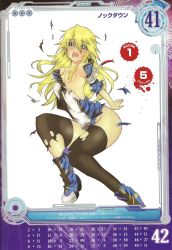 Rule 34 | 1girl, arc system works, black thighhighs, blazblue, blonde hair, blue footwear, blush, boots, detached sleeves, exploding clothes, green eyes, hair down, highres, leg up, legs, long hair, long legs, nagy, no panties, noel vermillion, queen&#039;s blade, queen&#039;s gate, sitting, solo, tattoo, thighhighs, thighs, torn clothes, torn thighhighs, uniform, wardrobe malfunction