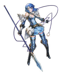 Rule 34 | 1girl, absurdres, armor, armored dress, bare shoulders, blue eyes, blue hair, boots, catria (fire emblem), fingerless gloves, fire emblem, fire emblem: mystery of the emblem, fire emblem awakening, full body, gloves, headband, high heels, highres, hino shinnosuke, matching hair/eyes, nintendo, official art, polearm, shoes, skirt, solo, spear, thighhighs, weapon, white background