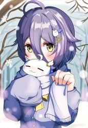Rule 34 | 1girl, absurdres, ahoge, blush, blush stickers, bow, bowtie, branch, cat hair ornament, hair between eyes, hair ornament, hairclip, henya the genius, henya the genius (2nd costume), highres, mayamochi, purple hair, purple scarf, purple sweater, scarf, school uniform, snow, snowflakes, snowing, solo, sweater, vshojo, yellow bow, yellow bowtie, yellow eyes