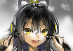 Rule 34 | black hair, daible, hair rings, headphones, holding, holding own hair, luo tianyi, solo, vocaloid, yellow eyes