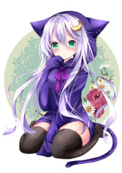 Rule 34 | 10s, 1girl, alternate costume, animal ears, animal hood, black thighhighs, blush, cat hood, cat tail, crescent, crescent hair ornament, green eyes, hair ornament, hand to own mouth, hood, hoodie, kantai collection, looking at viewer, nanase nao, purple hair, short hair, short hair with long locks, sitting, sleeves past wrists, solo, tail, thighhighs, wariza, yayoi (kancolle)