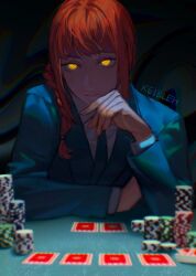 Rule 34 | 1girl, blue jacket, blue necktie, blurry, blurry foreground, card, chainsaw man, closed mouth, glowing, glowing eyes, hair over shoulder, highres, jacket, keibleh, looking at viewer, makima (chainsaw man), necktie, playing card, poker, poker chip, pov across table, red hair, revision, ringed eyes, shirt, signature, solo, table, white shirt