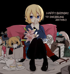 Rule 34 | 10s, 1girl, black background, black footwear, black neckwear, black pantyhose, blonde hair, blue eyes, blue skirt, blue sweater, bouquet, braid, character name, closed mouth, cup, darjeeling (girls und panzer), dated, dress shirt, flower, fud, full body, gift, girls und panzer, happy birthday, holding, jacket, loafers, long sleeves, looking at viewer, miniskirt, pantyhose, pillow, pleated skirt, red jacket, saucer, school uniform, shirt, shoes, short hair, sitting, skirt, solo, st. gloriana&#039;s school uniform, stuffed animal, stuffed toy, sweater, teacup, teapot, teddy bear, tray, twin braids, v-neck, white shirt