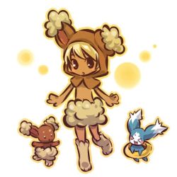 Rule 34 | 00s, 1boy, :o, animal ears, blush stickers, boots, brown eyes, brown hair, buneary, costume, creatures (company), crossover, dark-skinned male, dark skin, game freak, gen 4 pokemon, hitec, hood, male focus, midriff, mieu (tales), moemon, navel, nintendo, open mouth, personification, pokemon, pokemon (creature), pokemon dppt, rabbit ears, tales of (series), tales of the abyss, topless male