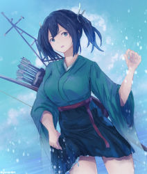 Rule 34 | 1girl, arrow (projectile), blue hair, blue sky, bow (weapon), breasts, cloud, cloudy sky, day, flight deck, gloves, green hakama, green kimono, hair between eyes, hair ribbon, hakama, hakama short skirt, hakama skirt, headband, highres, japanese clothes, kantai collection, kimono, large breasts, ocean, one-hour drawing challenge, open mouth, outdoors, partially fingerless gloves, partly fingerless gloves, pleated skirt, quiver, ribbon, skirt, sky, solo, souryuu (kancolle), twintails, water, weapon, wet, wet clothes, yomi (yomi14 pyaon), yugake